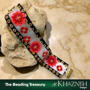 May include: A beaded bracelet with a floral design. The bracelet features red flowers on a white background, bordered by black and gold beads. The clasp is gold-toned. The text "The Beading Treasury" and "Al Khazneh Designs" are at the bottom.