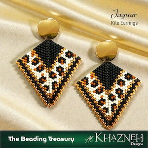 May include: A pair of beaded "Jaguar Kite Earrings" with a gold-colored stud and a diamond-shaped pendant. The pendant features a black, white, orange, and gold pattern. The text "The Beading Treasury" and "Al Khazneh Designs" are at the bottom.