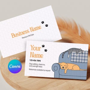 May include: Business cards for a pet care service. The cards feature a paw print design and include the text "Business Name" and "Your Name". One card has an illustration of a dog and cat on a couch. The Canva logo is also visible.