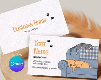 Pet Sitter Business Card Template, Pet Business Card, Dog Walker, Animal Care, Editable Canva Template, Digital Download
