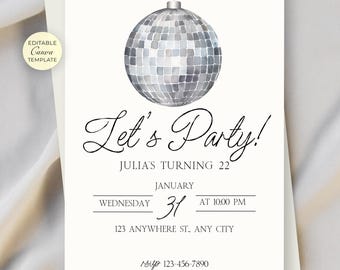 Disco Party Invitation, Digital Birthday Invitation, Editable Party Invite, Canva Template, Printable and Mobile Evite, Disco ball, Download