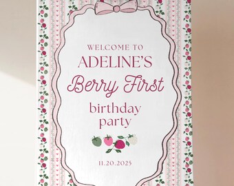 Printable Berry First Birthday Sign, Girls First Birthday Welcome Sign, Vintage Strawberry Theme, Editable Canva Template (Digital Download)