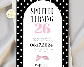 Polka Dot Birthday Invitation, Spotted Turning Invite, Editable Canva Template, Pink Bow Polka Dot Party Invitation, Printable and Digital