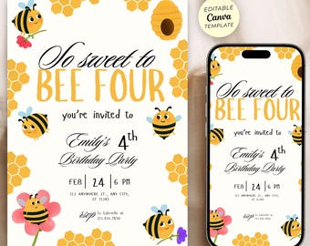 Bee Birthday Invitation, Kids Digital Invite Template, Bee party, Sweet to Bee, Instant Download, Canva Editable, Print and Mobile Invite