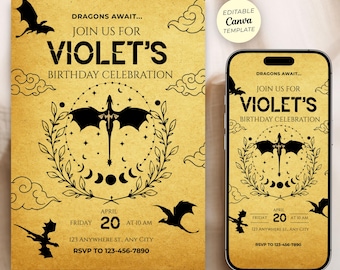 Fourth Wing Birthday Invitation, Violet Sorrengail Birthday Party, Xaden, Dragon Party, Editable Canva Template (Digital Download)