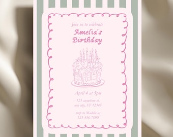 Editable Vintage Birthday Invitation, Whimsical Hand-Drawn Party Invite, Printable Invite, Mobile Invitation (Digital Download)