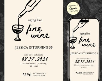 Aging Like Fine Wine Birthday Invitation, Simple Birthday Invite for Wine Lover, Editable Canva Template (Digital Download)
