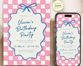 Pink Checkerboard Birthday Invitation, Editable Canva Template, Hand Drawn Blue Bow Party Invite, Print and Mobile Invite