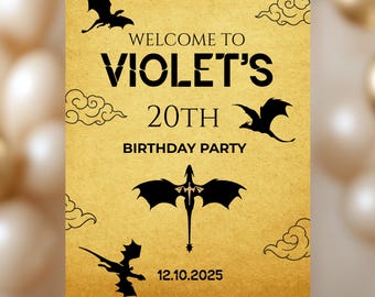 Fourth Wing Birthday Sign, Dragon Lover  Romantasy Party, Violet Sorrengail Birthday, Editable Welcoms sign Template, Digital Download