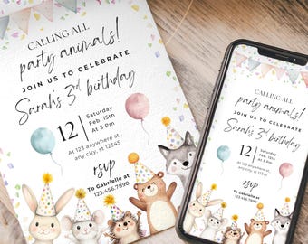 Party Animal Birthday Invitation, Kids Birthday Invite, Animal Theme, Party Animals Birthday Theme, Editable Template, Digital Download