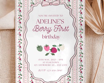Berry First Birthday Invitation, Vintage Strawberry Birthday Invite, Printable Invite, Pink Bow Floral, Canva Editable (Digital Download)