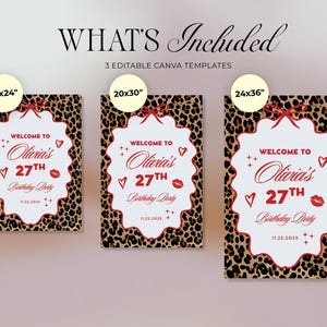 Puede incluir: Tres carteles de fiesta de cumplea&ntilde;os con estampado de leopardo y detalles en rojo y blanco. Los carteles miden 45.7x61cm, 50.8x76.2cm y 61x91.4cm. Cada cartel dice "Bienvenida a la fiesta de cumplea&ntilde;os n&uacute;mero 27 de Olivia" con un beso y un coraz&oacute;n.