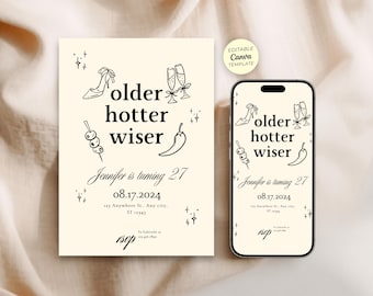 Older Hotter Wiser Birthday Invitation, Chic Womens Invite, Printable Women's Birthday Party Invite, Classy Adult Birthday, Digital Download