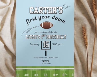 First Year Down Birthday Invitation, Football Themed First Birthday Party Invite, Fully Editable Template, Mobile and Print Invite