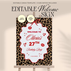 Puede incluir: Un letrero de bienvenida con un fondo de estampado de leopardo y un borde blanco festoneado. El letrero dice "Bienvenida a la fiesta de cumplea&ntilde;os n&uacute;mero 27 de Olivia" con la fecha 22.11.2025. El letrero est&aacute; sobre un caballete.