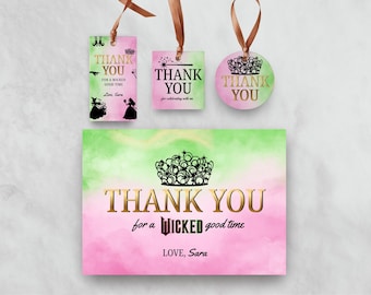 Recuerdos imprimibles para fiesta de cumpleaños de Wicked, fiesta temática de Wicked, tarjeta de agradecimiento, cumpleaños de Wicked, fiesta de la película Wicked, plantilla editable de Canva