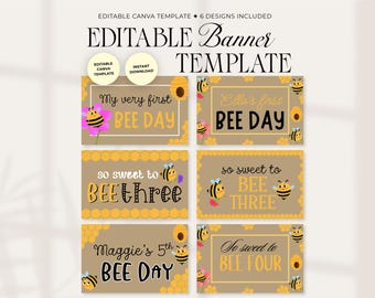 Bee Theme Birthday Banner Template, Customizable Canva Banner Template for Birthday Party, Bee Day, Any Age, Instant Download, Set of 6