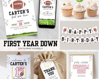 Football First Birthday Party Bundle, First Year Down Invitation, Banner, Welcome Sign, Cupcake Toppers, Tags, Editable Canva Templates