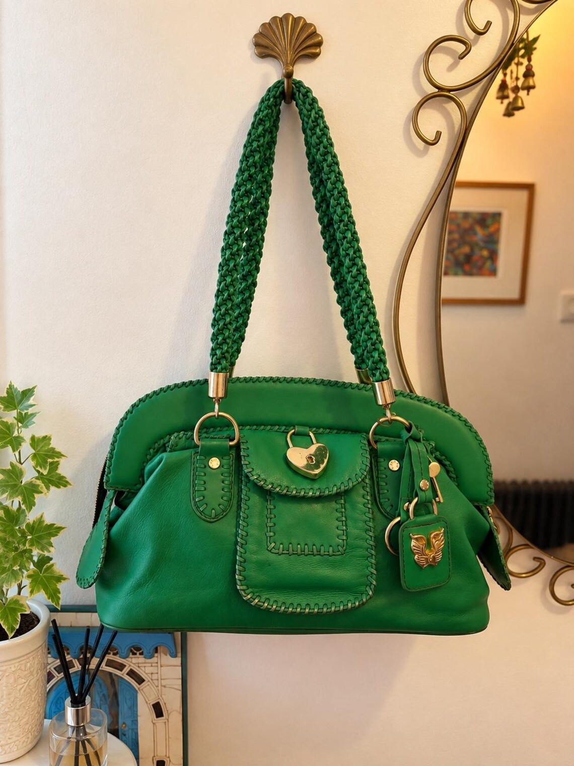 Tabitha Vintage Leather Bag Green Braided Handle Tassel Boho Shoulder Handbag, photo 1 of 5