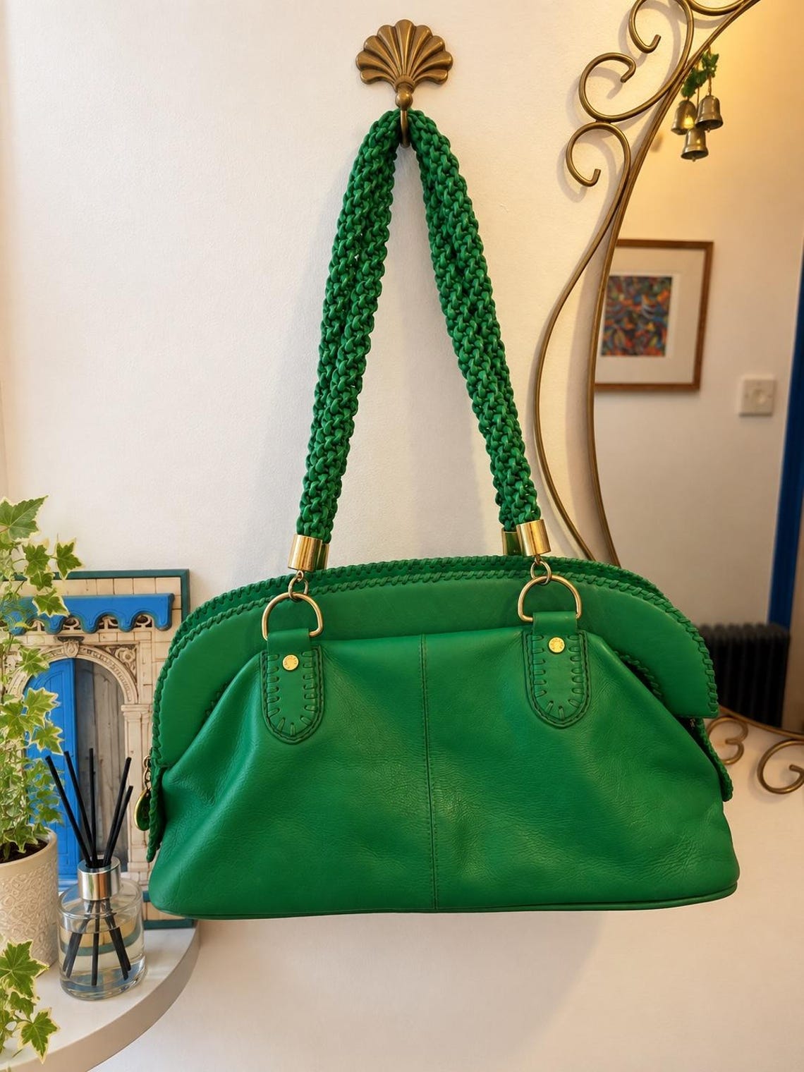 Tabitha Vintage Leather Bag Green Braided Handle Tassel Boho Shoulder Handbag, photo 2 of 5