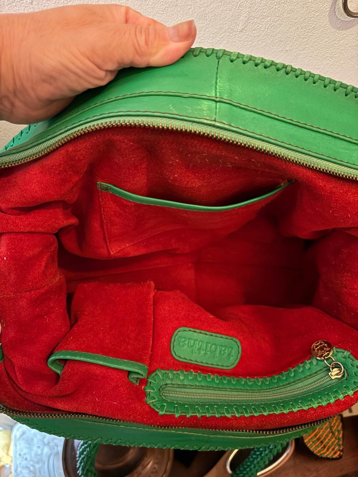 Tabitha Vintage Leather Bag Green Braided Handle Tassel Boho Shoulder Handbag, photo 4 of 5