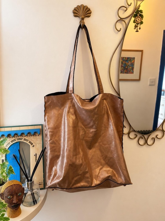Metallic Bronze Leather Shoulder/Tote Bag – Statement Boho Style