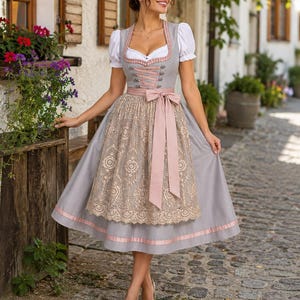 Luxury Grey Cotton Dirndl Dress with Champagne Embroidered Apron | Traditional Oktoberfest Outfit | 3PCS Set