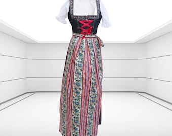 Black Cotton Dirndl Dress with Floral Apron and Blouse, Austrian Style Lace Up Front