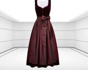 Maroon Velvet Dirndl Dress with Silk Apron - Oktoberfest Gown