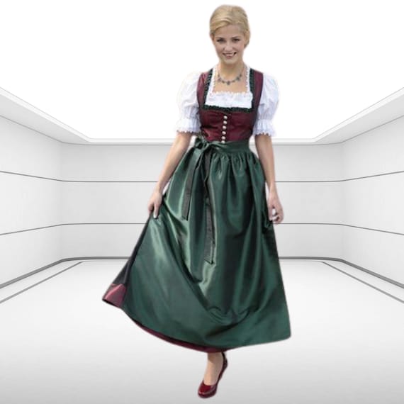 Long Maroon Silk Bodice Dirndl Dress: Black Cotton Skirt, Green Silk Apron, Free Blouse