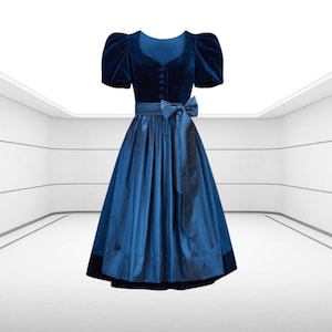 Navy Velvet Dirndl Dress: 2pc Oktoberfest Set with Silk Apron