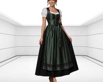 Elegant Dark Green Silk Satin Dirndl Dress – Long Traditional Austrian Style Dress for Women