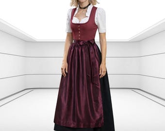 Langes Sommerdirndl 3tlg weinrot Baumwolle Kleid schwarz Rock rotbraun Seide Schürze Bluse