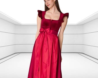 Crimson Red Oktoberfest Dirndl | Elegant German Traditional Dress | Plus Size Available 2pcs Set