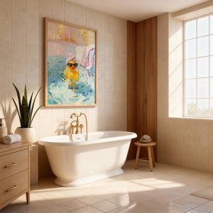 May include: A bathroom scene featuring a framed painting of a yellow rubber duck wearing sunglasses and a towel on its head, relaxing in water. A white bathtub, wooden side table, and a tall plant are also visible.