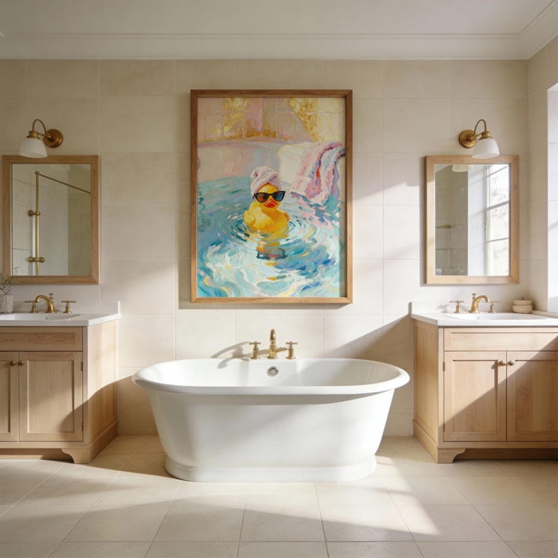 May include: A bathroom scene featuring a white, freestanding bathtub and two wooden vanities with mirrors. A framed painting of a yellow rubber duck wearing sunglasses and a towel on its head hangs above the tub. The room has neutral-toned tiles and gold fixtures.