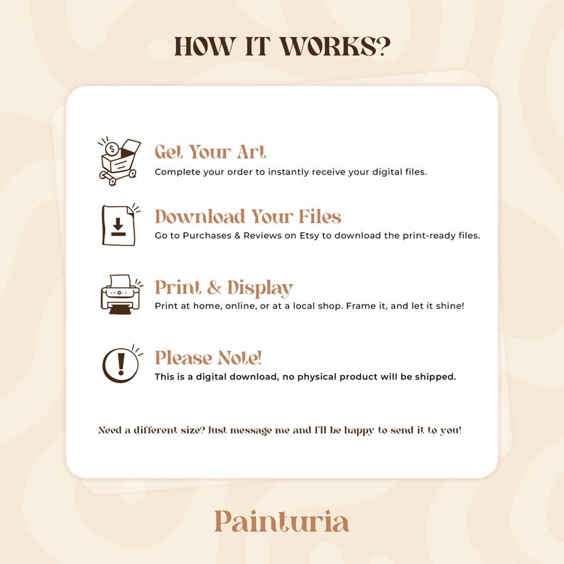 May include: A beige graphic with the text "HOW IT WORKS?" and instructions for digital art downloads. Steps include getting art, downloading files, and printing. The bottom text says "Painturia".