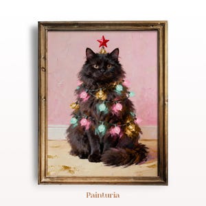 Árvore de Natal Festiva com Gato Preto: Arquivo Digital para Imprimir em Tons Pastel de Rosa Aconchegante (Download Digital)
