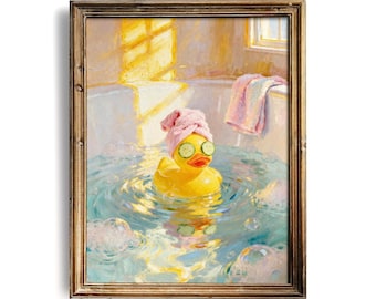 May include: A framed oil painting depicting a yellow rubber duck in a bathtub filled with blue water and bubbles. The duck wears a pink towel wrapped around its head and two cucumber slices over its eyes. A pink towel hangs on the tub edge.