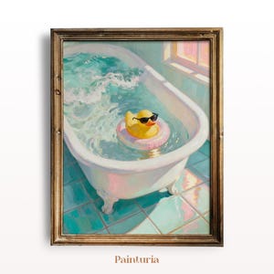 May include: A framed painting depicts a yellow rubber duck wearing sunglasses, floating in a bathtub filled with water. The duck is in a pink inflatable ring. The bathroom has a teal tile floor and a window with a pink and yellow sky.