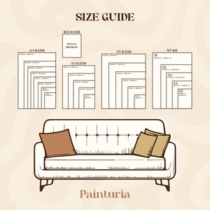 May include: A size guide graphic with various aspect ratios and dimensions, including 11x14 inches (28x36cm). The guide is displayed above a sofa with two brown pillows and two tan pillows. The word "Painturia" is at the bottom.