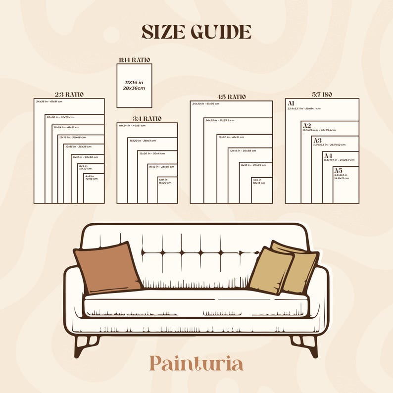 May include: A size guide graphic with various aspect ratios and dimensions, including 11x14 inches (28x36cm). The guide is displayed above a sofa with two brown pillows and two tan pillows. The word "Painturia" is at the bottom.