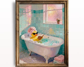 May include: A framed painting depicts a yellow rubber duck in a bubble bath, wearing sunglasses and a pink towel, reading a book. The bathroom has teal tiles and a window with a pinkish glow. A stack of pink towels sits near the tub.