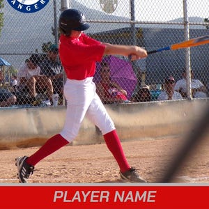 May include: A baseball player in a red shirt, white pants, and red socks swings a bat. The image includes the Texas Rangers logo and text that reads "HOME TEAM" and "OUTFIELD".