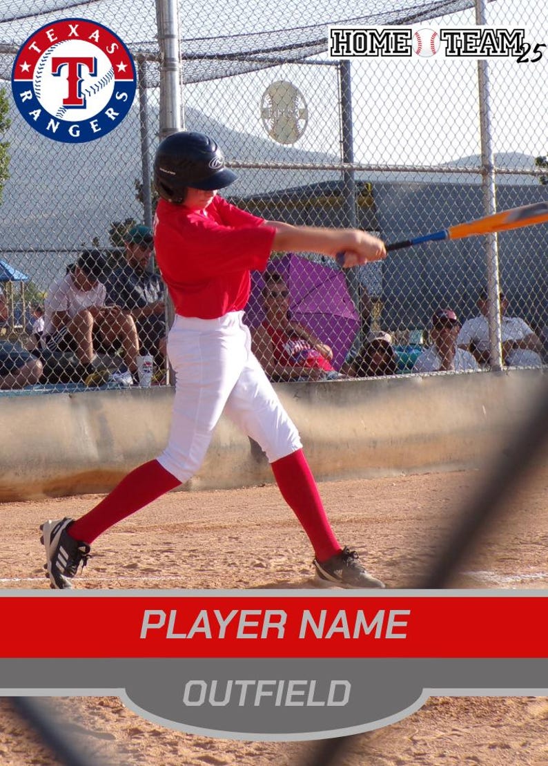 May include: A baseball player in a red shirt, white pants, and red socks swings a bat. The image includes the Texas Rangers logo and text that reads "HOME TEAM" and "OUTFIELD".