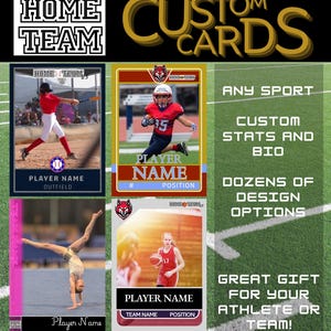 May include: Custom sports cards featuring player photos and details. The image displays examples of baseball, football, basketball, and gymnastics cards. Text on the cards includes "Player Name," "Team Name," and "Position." The background is a green field.