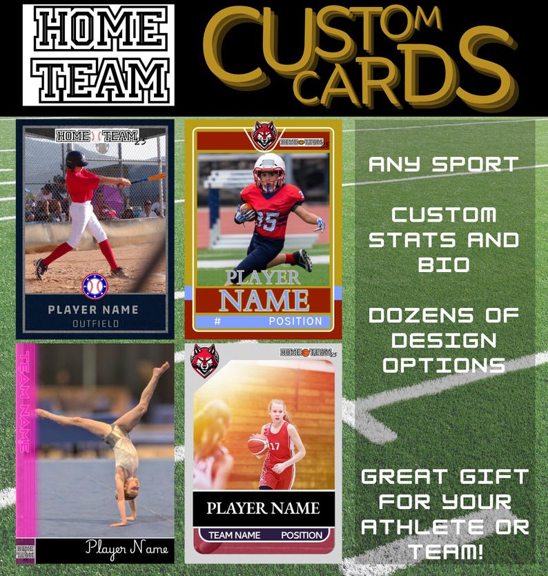 May include: Custom sports cards with player photos and information. The image shows examples of baseball, football, basketball, and gymnastics cards. Text on the cards includes "Player Name," "Team Name," and "Position." The background features a green field.