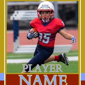 May include: A football trading card featuring a young player in a red and navy uniform, helmet, and pads. The card has a red and gold border with the words "HOME TEAM" and a wolf logo. The card also has space for the player's name and position.