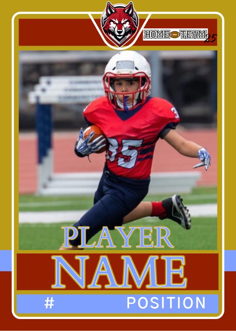May include: A football trading card featuring a young player in a red and navy uniform, helmet, and pads. The card has a red and gold border with the words "HOME TEAM" and a wolf logo. The card also has space for the player's name and position.
