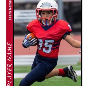 May include: Football trading card featuring a young player in a red jersey with the number 35, navy blue pants, and a white helmet. The card has a red border with the text "Team Name" and "Player Name". The words "HOME TEAM" are at the top.